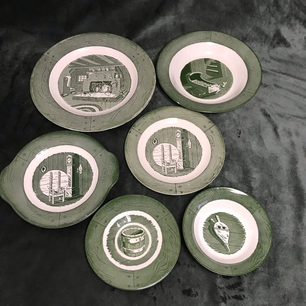 Colonial Homestead By Royal Green Log Cabin Fireplace Vintage Mixed Set Of 10